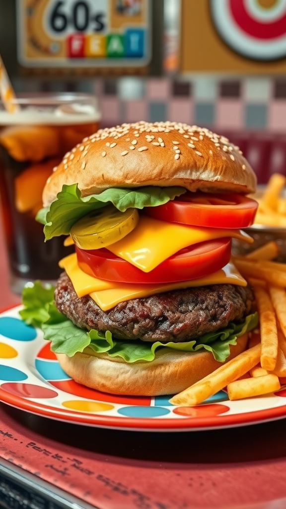 A classic 60s burger with beef patty, cheese, lettuce, tomato, and pickles on a retro plate with fries.